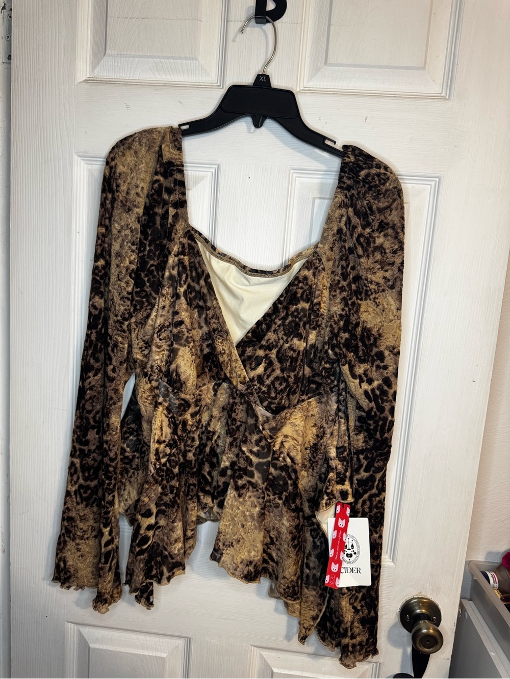 Cider Brown Animal Print Bell Sleeve Draped Babydoll Blouse NWT